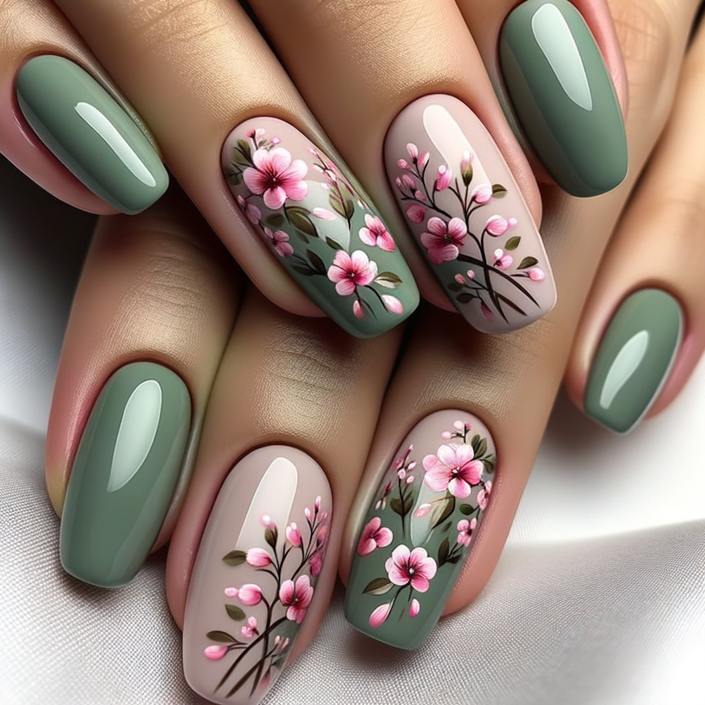 Sage Green and Pink Nails
