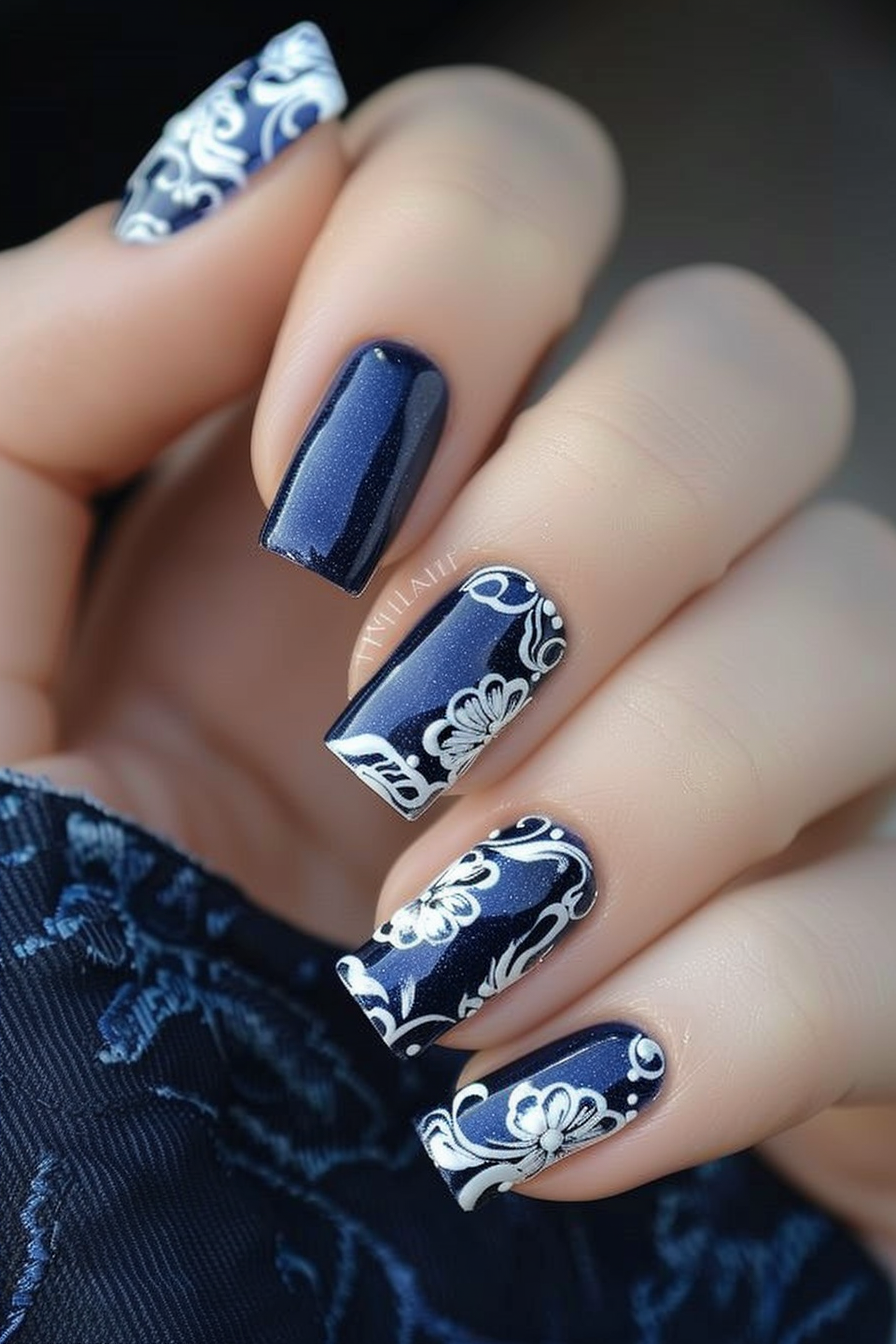 Navy blue nails with white lace-style floral nail art