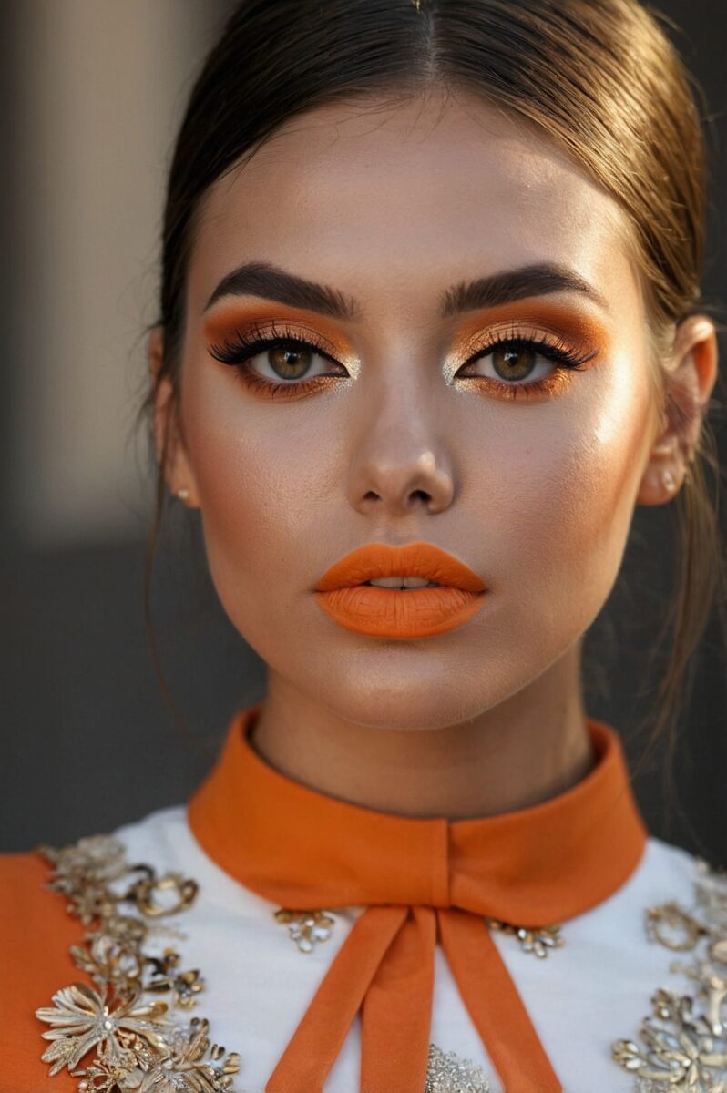 Woman wearing bold orange matte lipstick and matching orange eyeshadow with gold floral embroidered white blouse