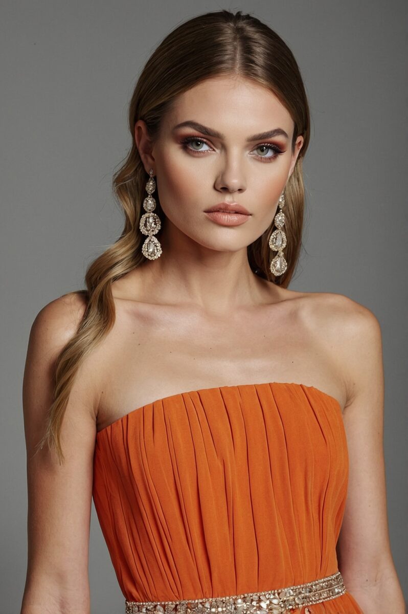 Woman in strapless orange pleated gown with crystal drop earrings and elegant updo hairstyle