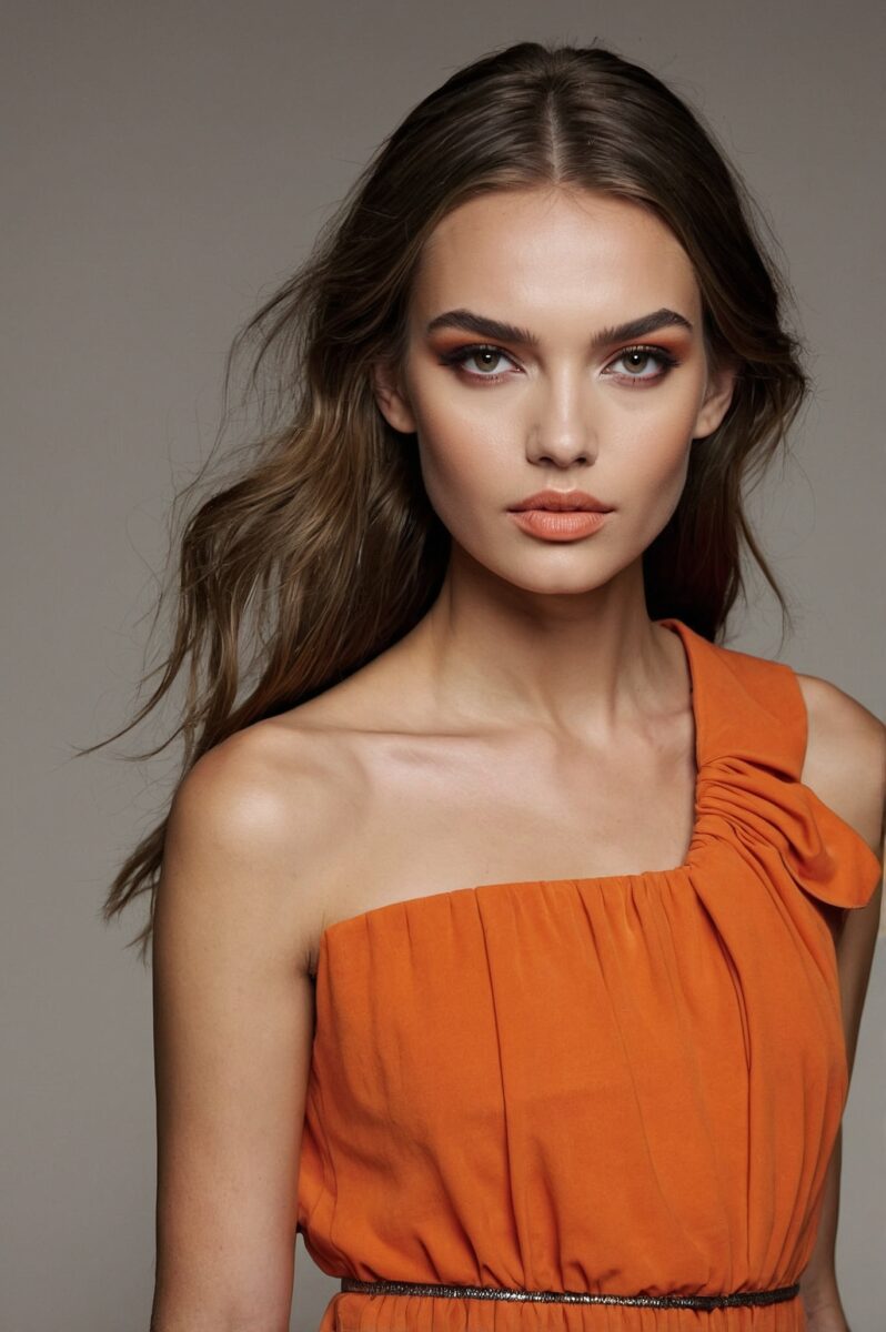 Young woman with brown hair wearing an orange one-shoulder dress with warm-toned makeup