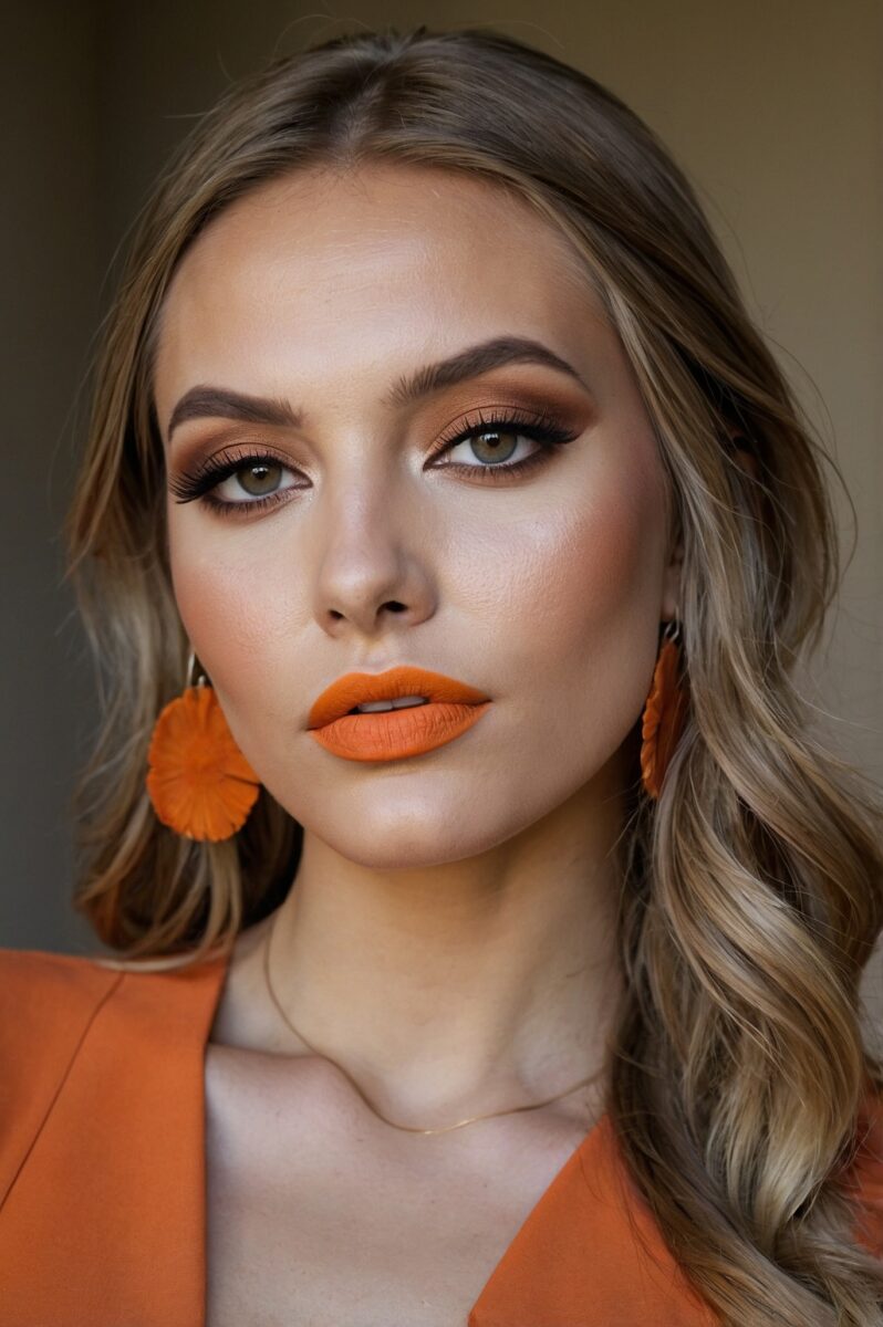 Woman with bold orange lipstick, matching flower earrings, orange blazer, and warm smoky eye makeup
