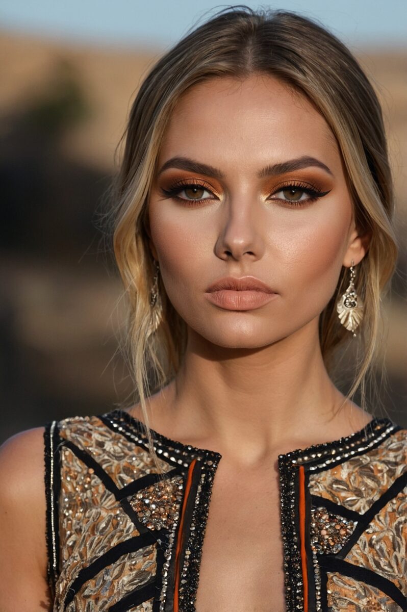 Woman with bronze smokey eye makeup, glam earrings, and embellished sequin top in desert setting