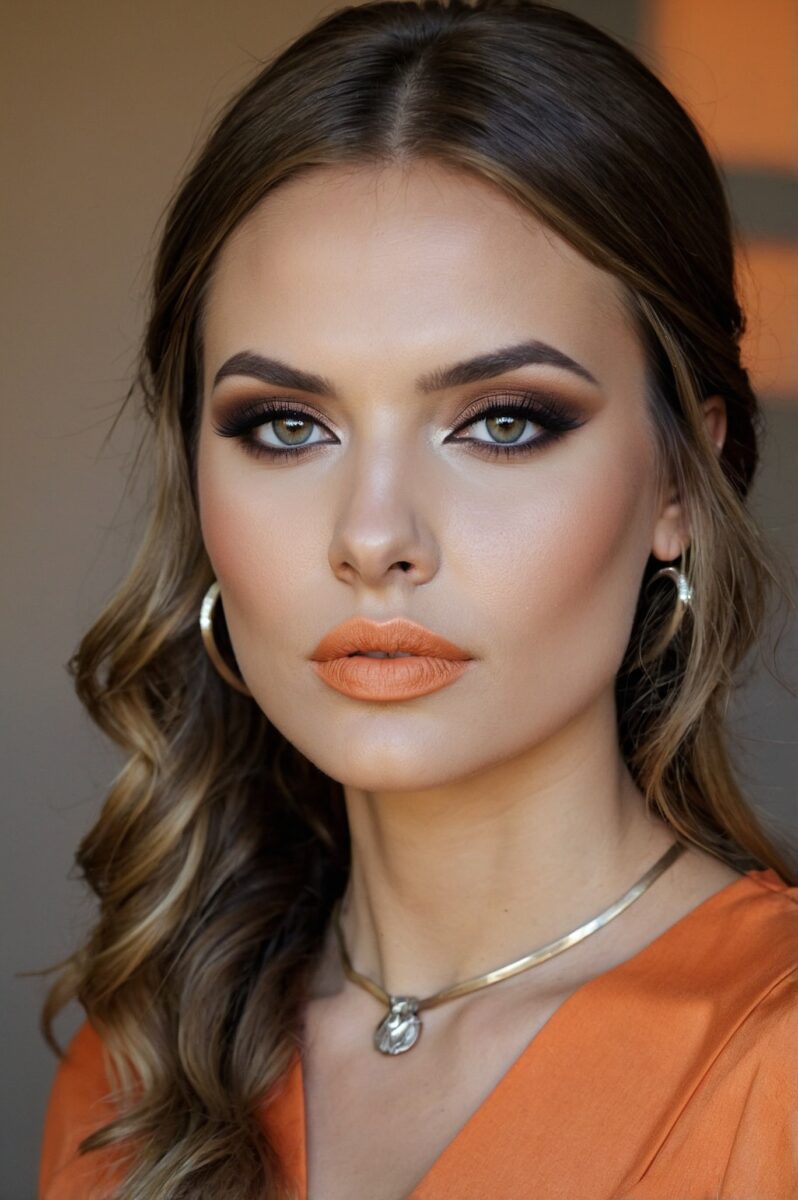 Woman with smoky eye makeup, orange matte lips, hoop earrings, gold necklace, and orange top with wavy brown hair