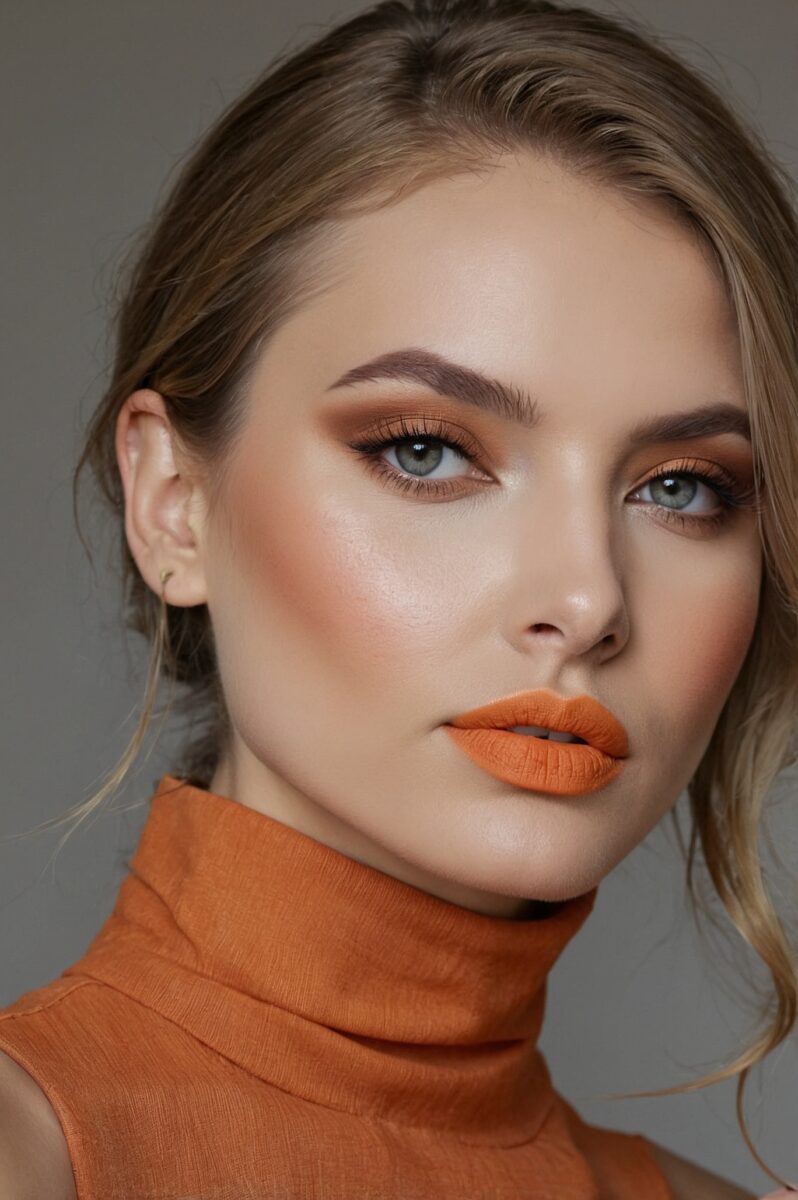 Woman with green eyes wearing orange matte lipstick, warm bronzed eye makeup, and rust-colored turtleneck sweater