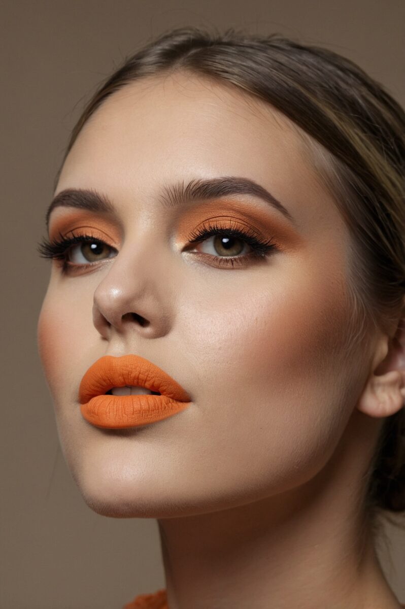 Close-up portrait of a woman wearing bold orange lipstick and warm copper eyeshadow makeup look