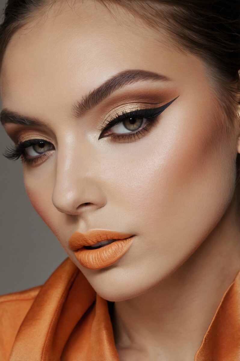 Close-up of woman with dramatic cat-eye liner, warm bronze eyeshadow, and bold orange matte lipstick