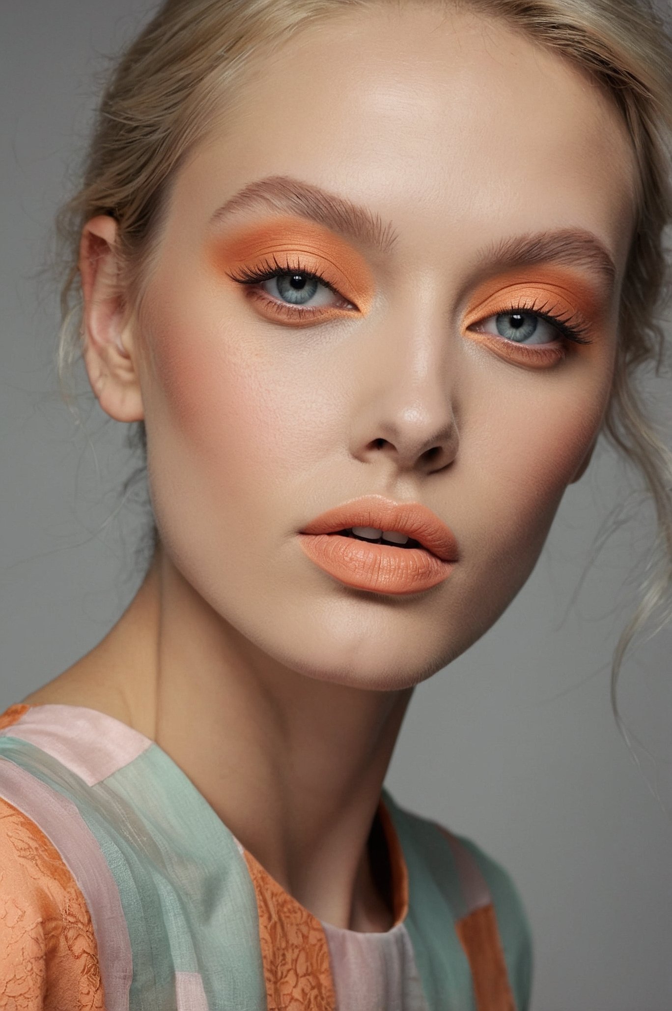 Close-up portrait of a blonde woman with blue eyes wearing vibrant orange eyeshadow and peach lip color
