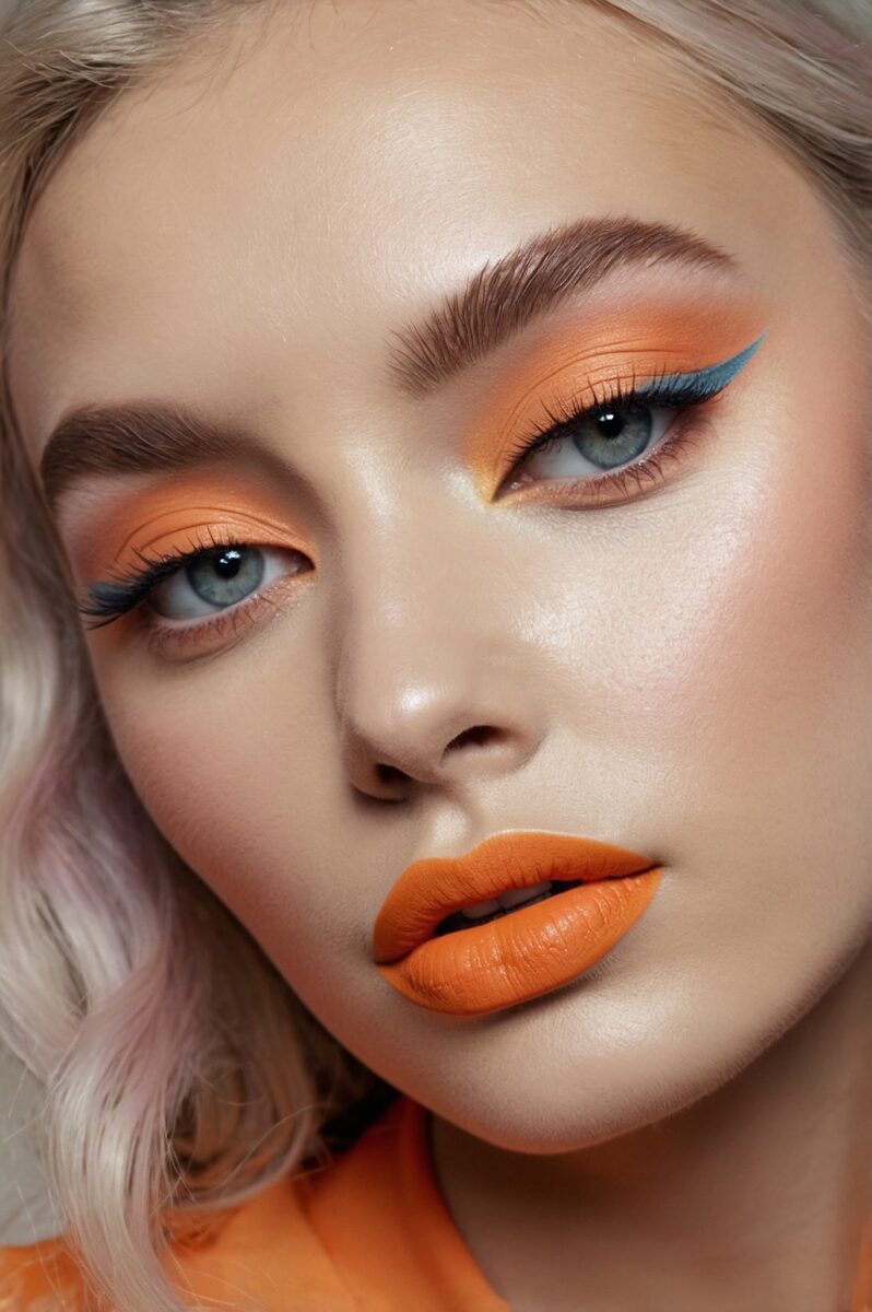 Close-up portrait of woman wearing bold orange eyeshadow, teal eyeliner, and matching orange matte lipstick