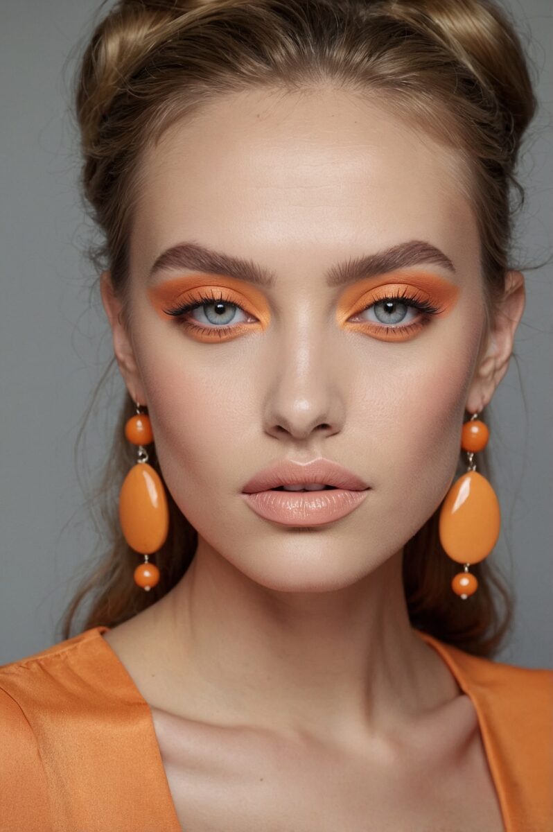 Woman with orange eyeshadow, blue eyes, braided updo, orange drop earrings, and orange top against gray background