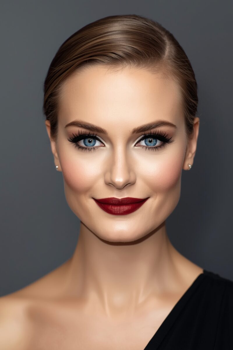 Professional portrait of a woman with blue eyes, sleek updo, dark red lipstick, and black off-shoulder top