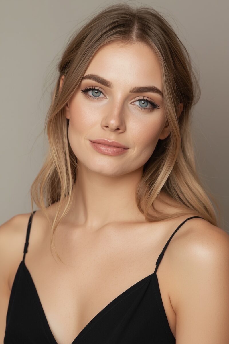 Young woman with blue eyes and blonde hair wearing a black spaghetti strap top against a gray background