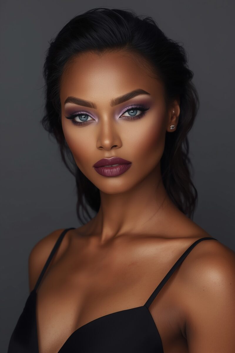 Woman with bold purple smoky eye makeup and dark burgundy lipstick wearing a black top against gray background