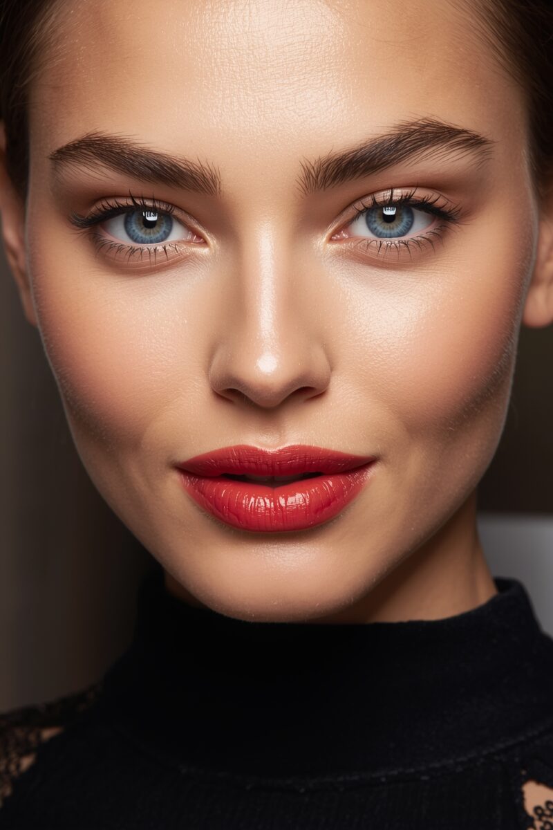 Close-up portrait of a woman with blue eyes, bold brows, glowing skin, and red lipstick wearing a black top