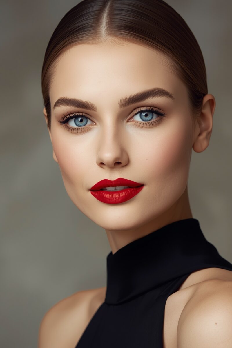 Close-up portrait of a woman with blue eyes, red lipstick, slicked-back brown hair, wearing a black turtleneck top