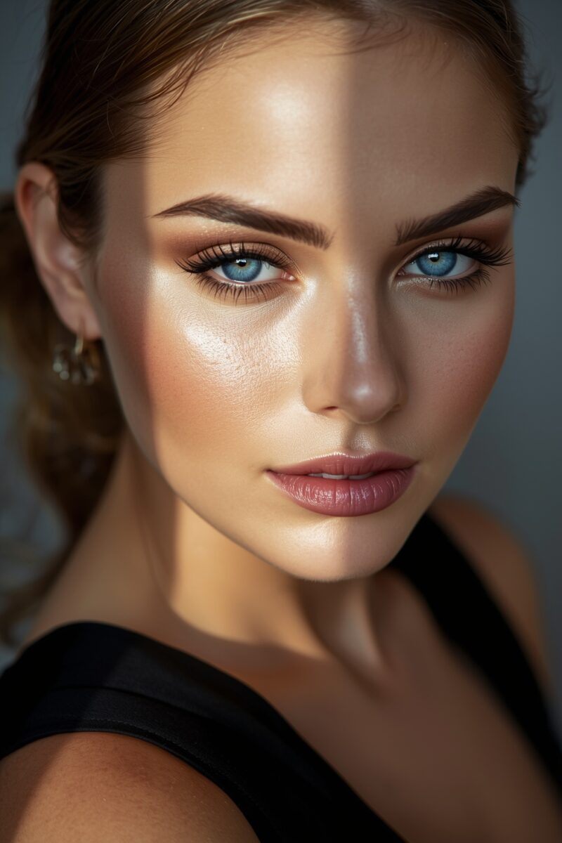 Close-up portrait of a woman with blue eyes, defined brows, glowing skin, and nude lips under dramatic split lighting