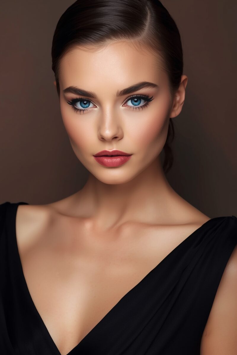 Young woman with blue eyes and dark hair in elegant black dress with professional makeup