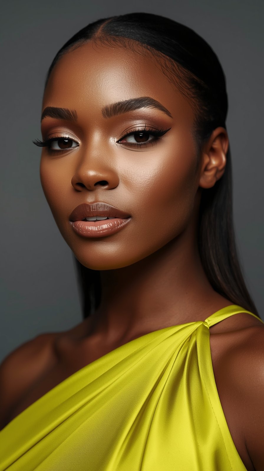 Professional beauty portrait featuring dramatic makeup and a vibrant yellow one-shoulder dress against dark background