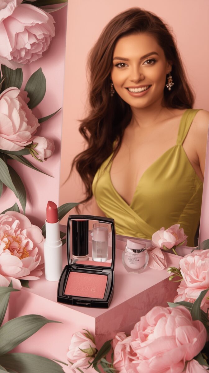 Beauty product flatlay with pink peonies, lipstick, blush compact and skincare jar on pink background with fashion portrait