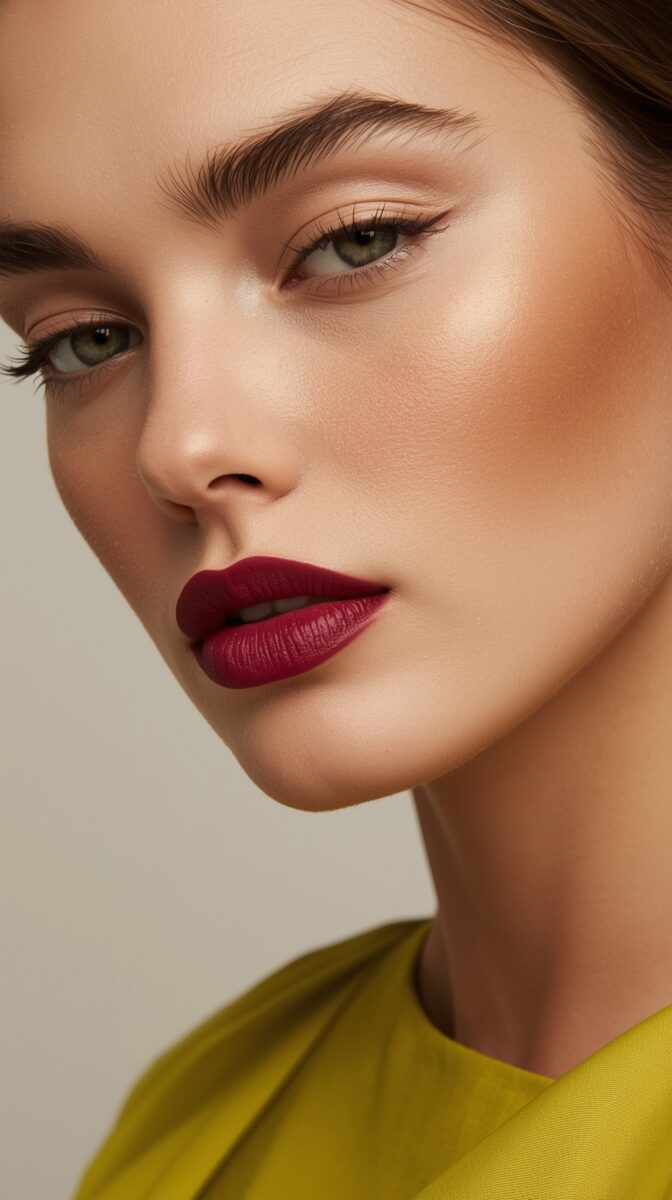Close-up beauty photo showing dramatic burgundy lipstick, winged eyeliner, green eyes, and flawless skin against yellow garment