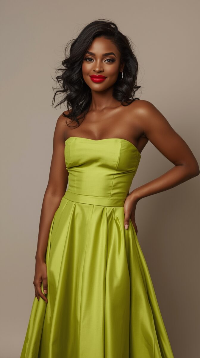 Woman in lime green strapless formal gown with pleated skirt against neutral background, wearing red lipstick and wavy hair