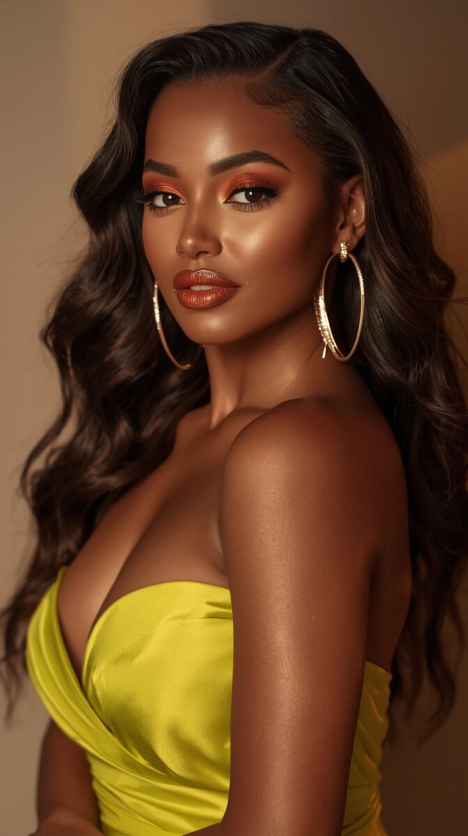 Professional beauty portrait of woman in yellow dress with wavy dark hair, gold hoop earrings, and warm-toned makeup