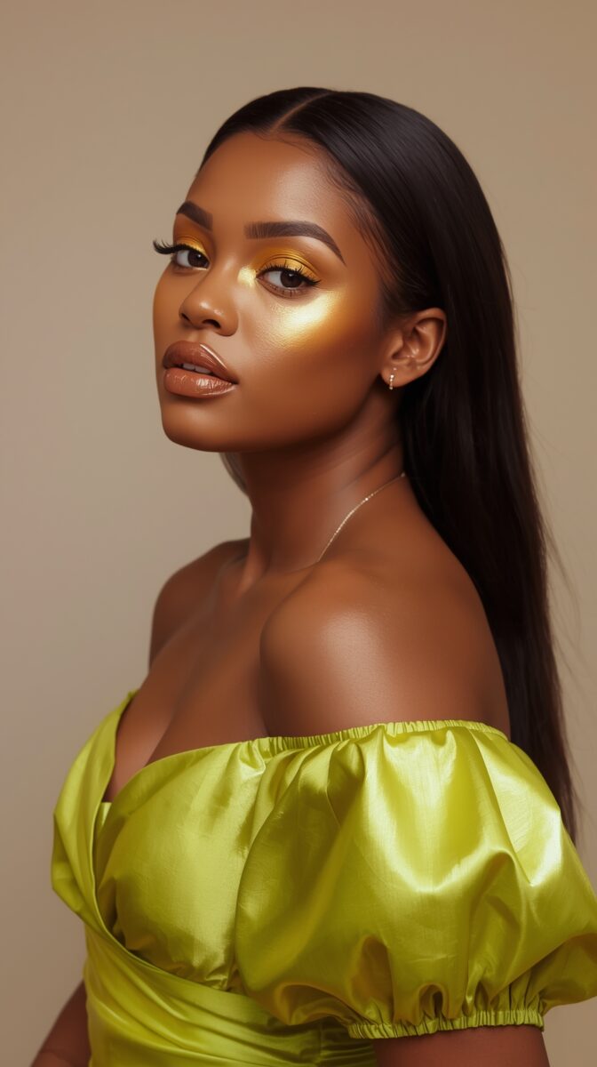 Fashion portrait featuring golden makeup and yellow off-shoulder dress against neutral background with dramatic lighting