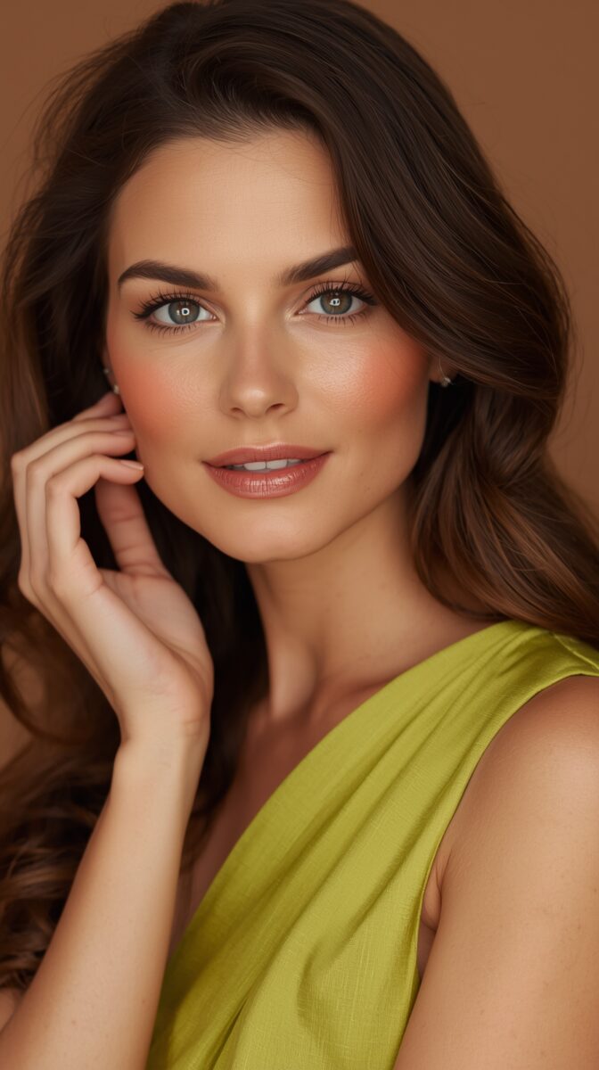 Professional beauty portrait featuring warm makeup look with rosy cheeks, glossy lips, and chartreuse sleeveless top
