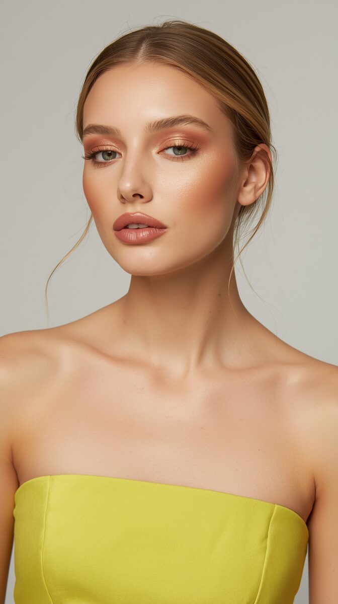 Professional beauty portrait featuring natural glam makeup with bronze eyeshadow and yellow strapless top