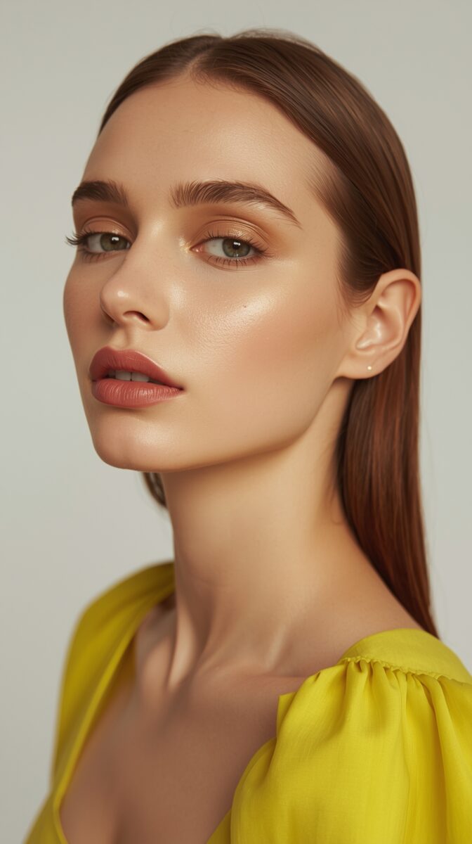 Professional beauty portrait featuring dewy makeup look with neutral tones and sleek brown hair, wearing yellow top