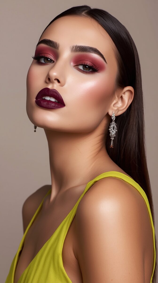 Professional beauty photo featuring dramatic burgundy makeup look with red eyeshadow, dark lips, and yellow dress strap