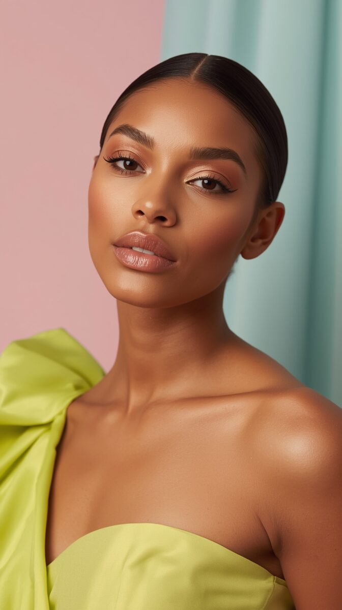 Professional beauty portrait with natural makeup look against pink and blue background, wearing lime green dress