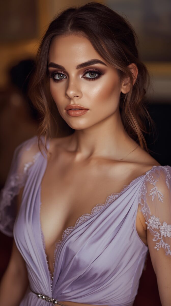 Glamorous evening makeup look with smokey eyes and nude lips, wearing lavender gown with lace details and plunging neckline
