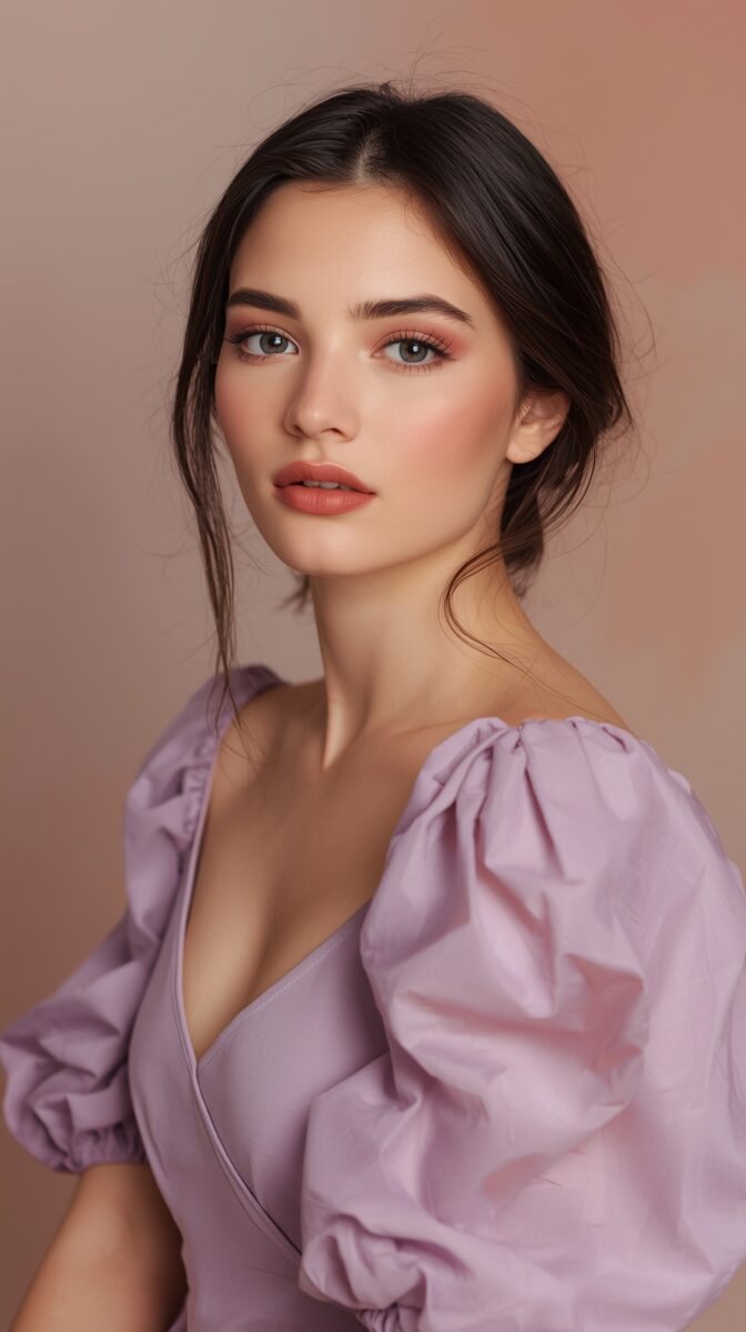 Fashion portrait featuring romantic lavender dress with puff sleeves, soft makeup, and upswept dark hair against mauve background