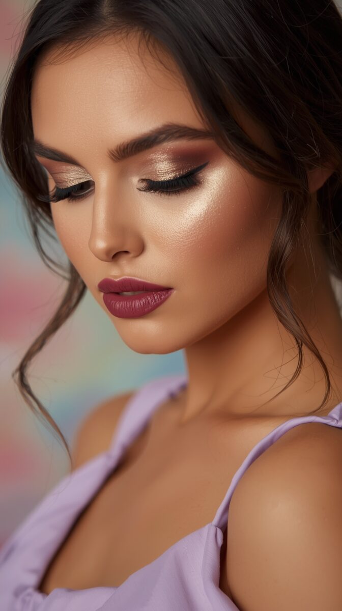 Close-up beauty shot showing glamorous evening makeup with gold eyeshadow, burgundy lips, and glowing skin in soft lighting