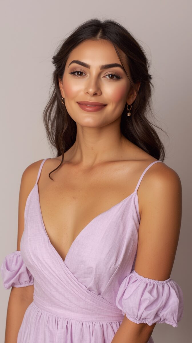 Portrait of a woman in a light pink off-shoulder dress with puff sleeves, wearing natural makeup and delicate gold earrings