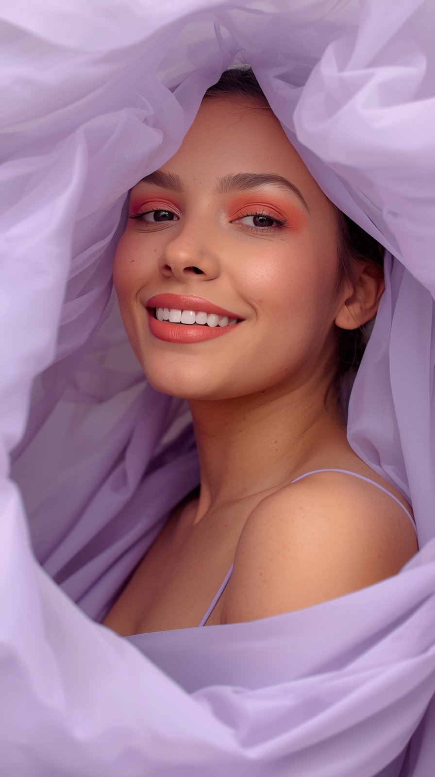 Beauty portrait with coral makeup and lilac fabric framing, showing bright smile and peachy-orange eyeshadow look