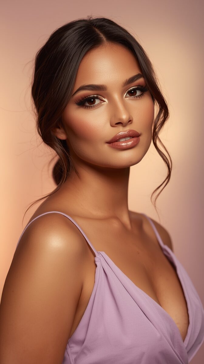Professional beauty portrait with soft lighting featuring glamorous makeup and a lavender draped dress against warm background