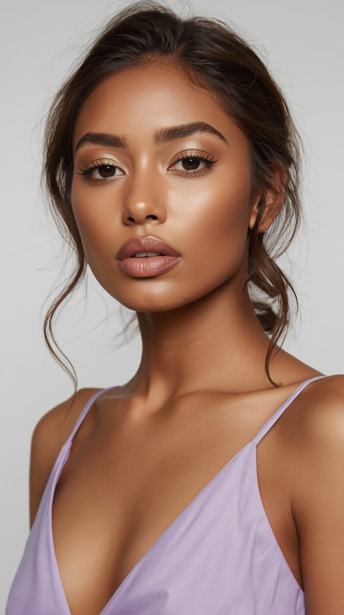 Professional beauty portrait with natural glowing makeup, dark hair in updo, wearing lavender camisole against light background