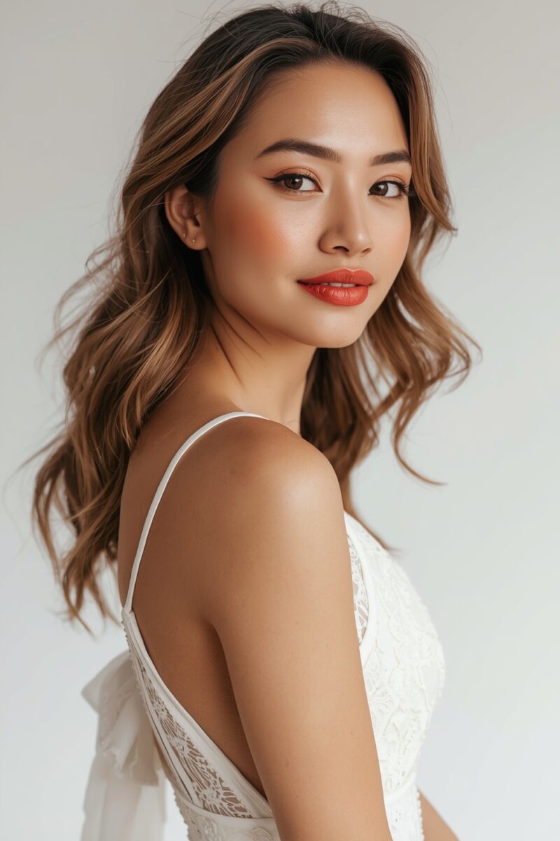 Young woman with wavy brown hair wearing a white lace dress, smiling over her shoulder with red-orange lips