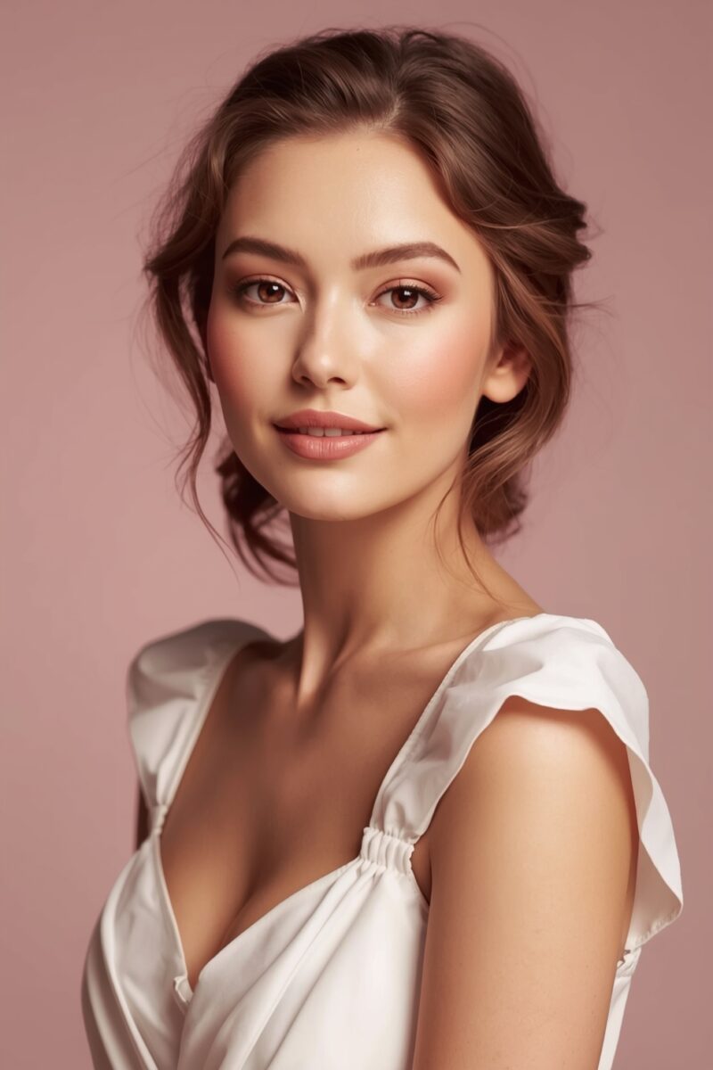 Young woman with brown updo hair wearing a white dress, smiling softly against a pink background