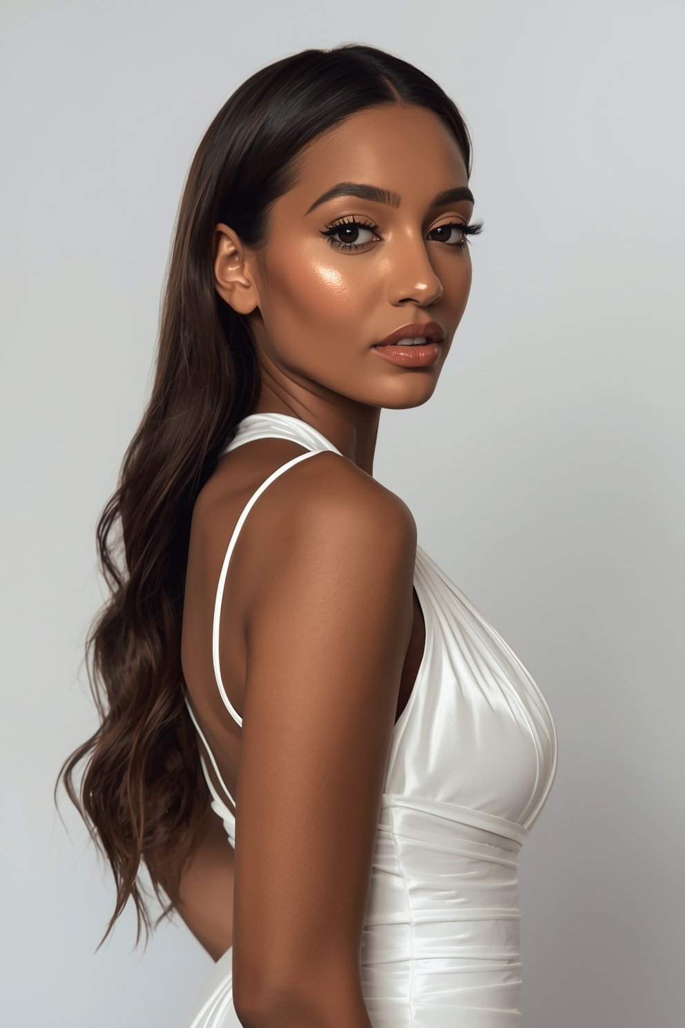 Young woman with long dark wavy hair wearing a white satin dress, posed against a light gray background