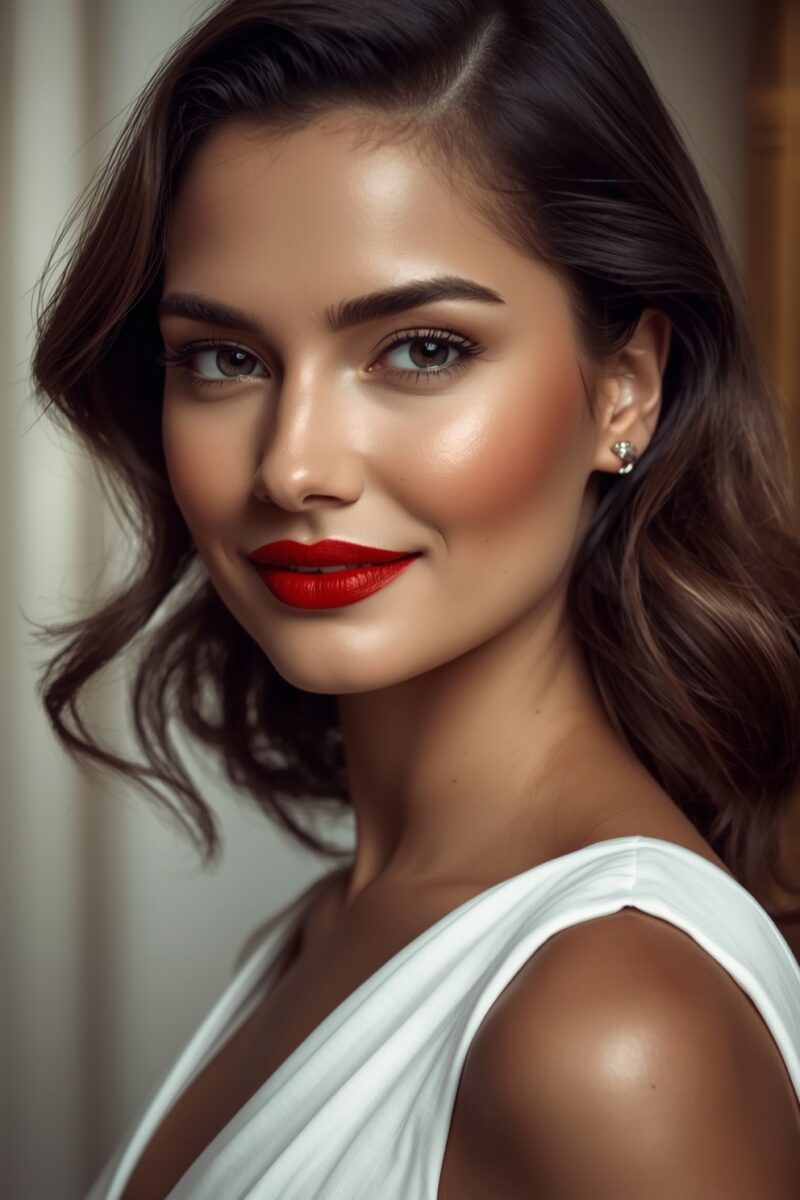 Young woman with dark wavy hair, red lipstick, and glowing skin wearing a white sleeveless dress, smiling softly
