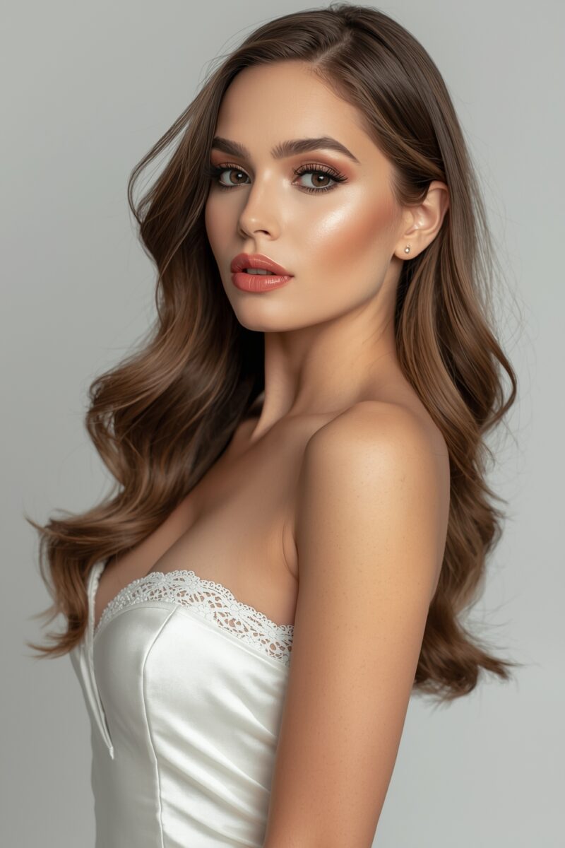 Young woman with long wavy brown hair wearing a white strapless satin dress with lace trim