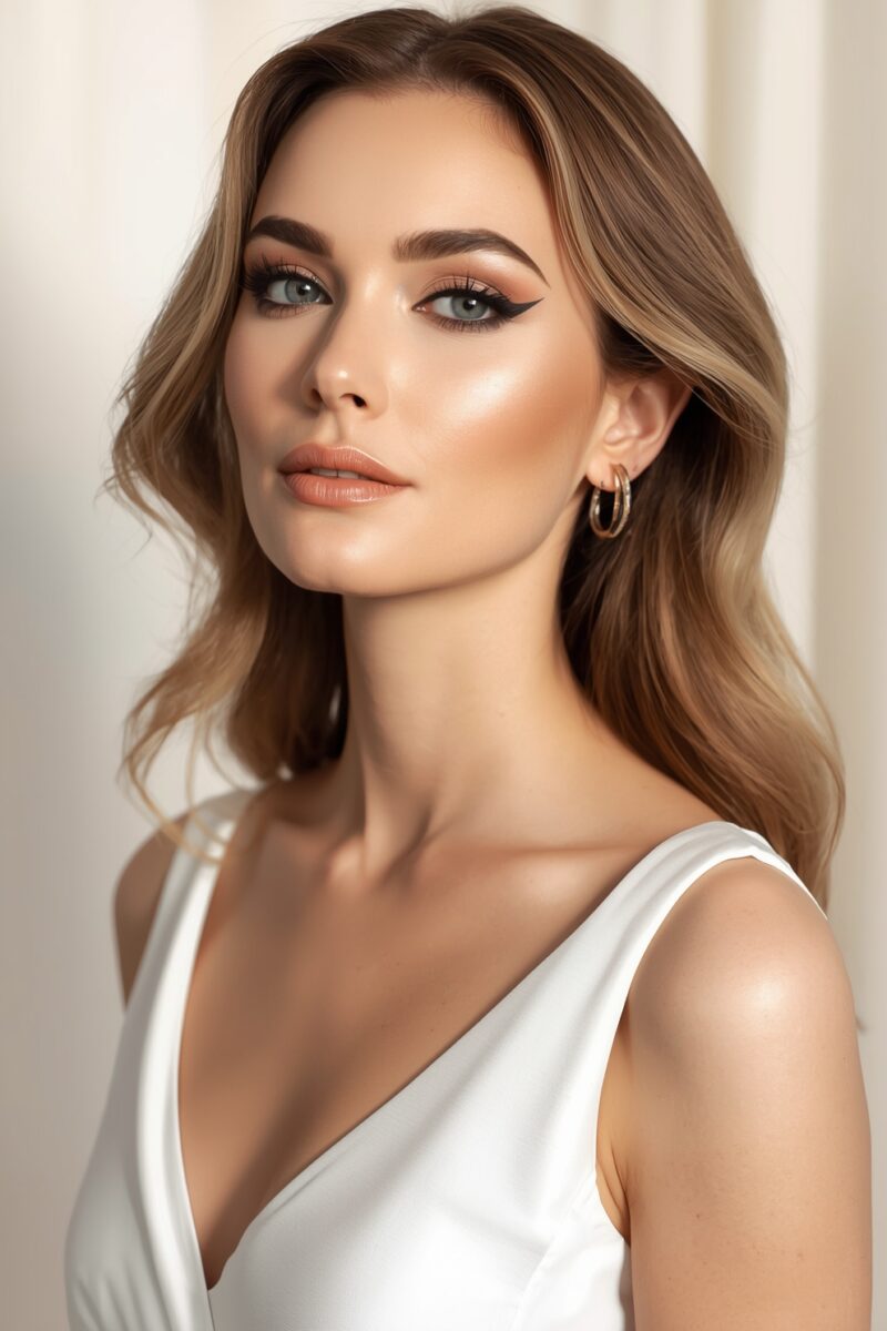 Elegant woman with brown hair, blue-gray eyes, winged eyeliner, wearing a white dress and gold hoop earrings