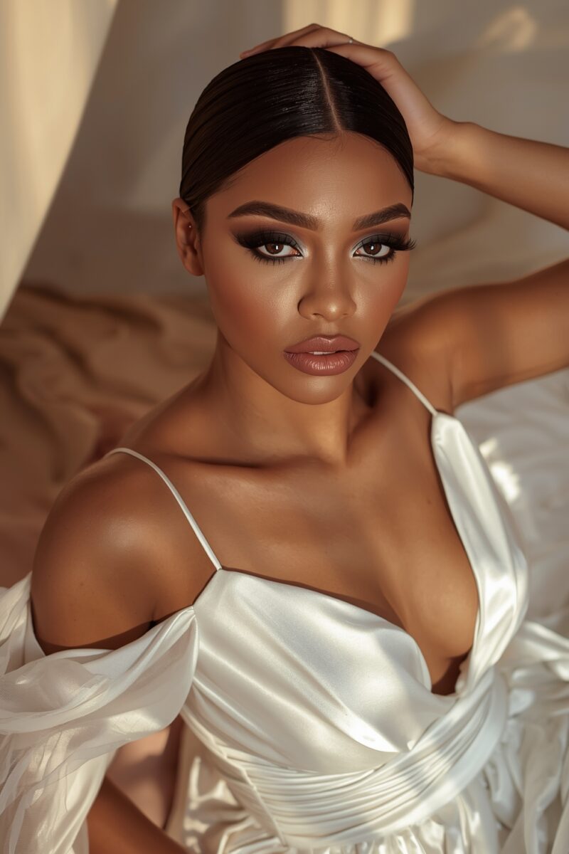 Woman in white satin dress with sleek updo hairstyle and glamorous makeup posing confidently