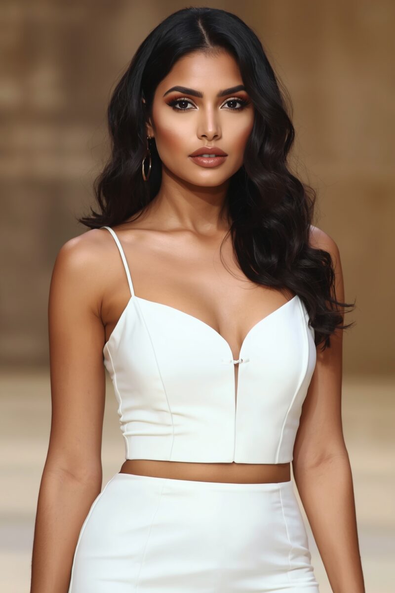 Woman with long dark wavy hair wearing a white structured crop top and matching white skirt