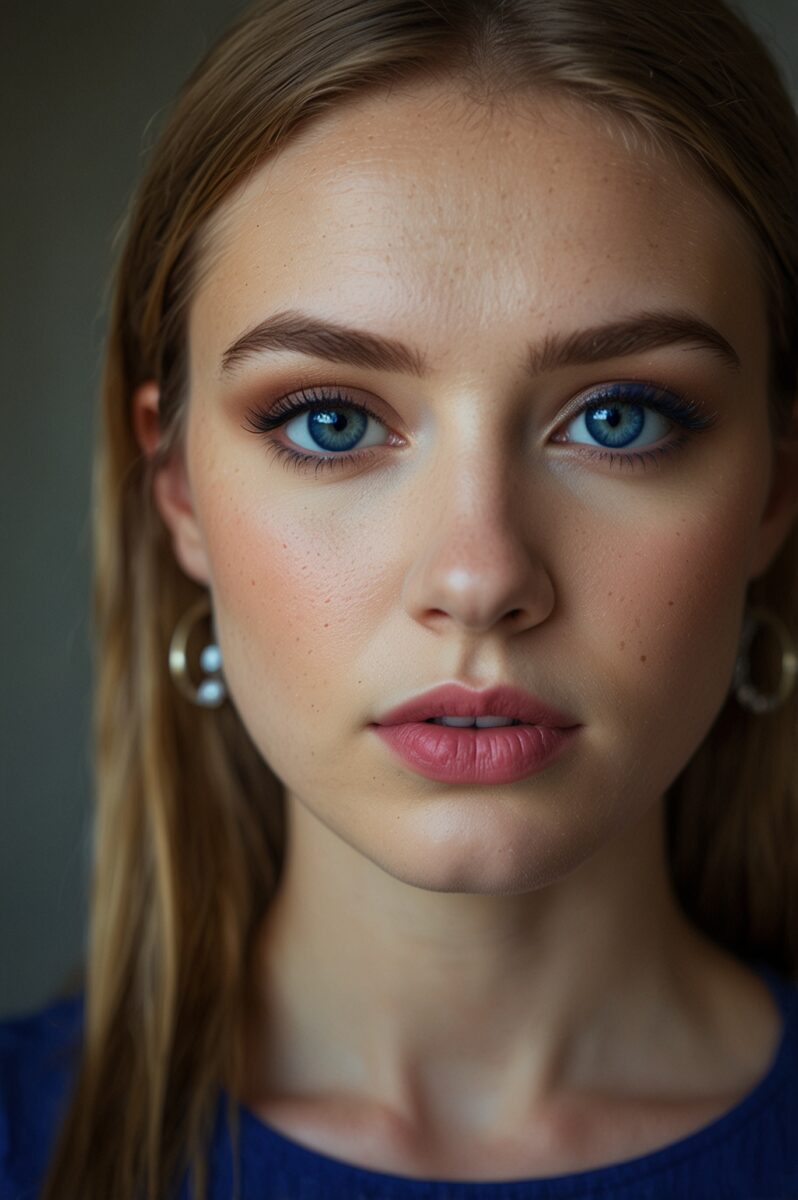 Close-up portrait of a young woman with blue eyes, blonde hair, and natural makeup wearing gold hoop earrings