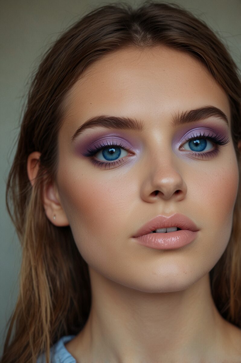 Young woman with blue eyes wearing purple lavender eyeshadow, natural glowy skin, and nude glossy lips