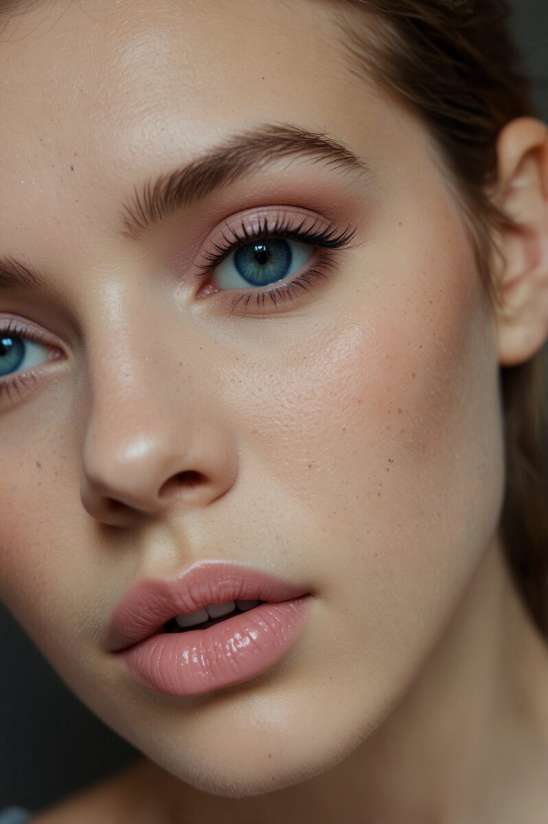 Close-up portrait of a woman with blue eyes, natural glowing skin, pink eyeshadow, and glossy nude lips